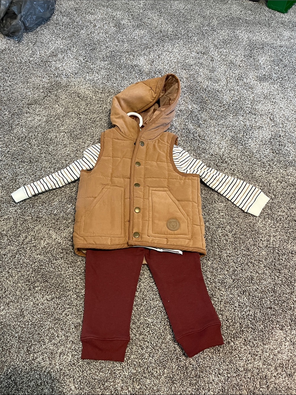 Kids Hooded Puffer Vest and Striped Top Matching Set - Tan & Burgundy